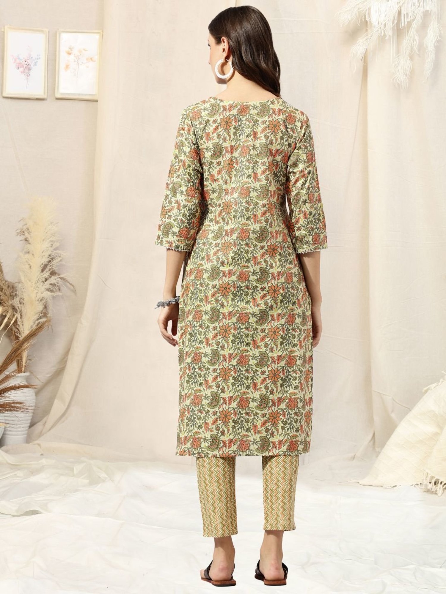 MIRCHI FASHION Cotton Beige & Green Floral Print Kurta Pant Set