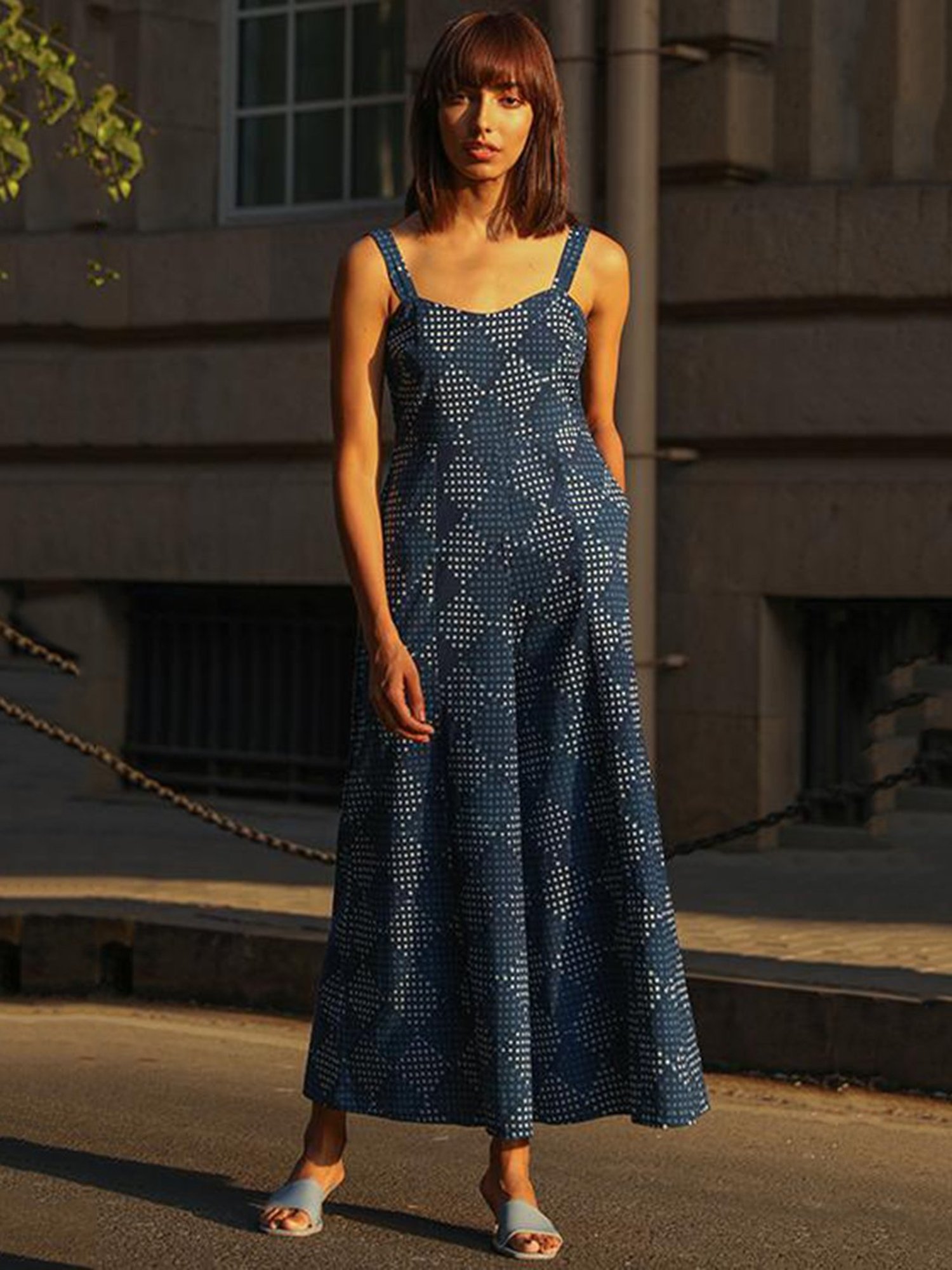 Okhai Navy Sweet Heart Neck Cotton Jumpsuit