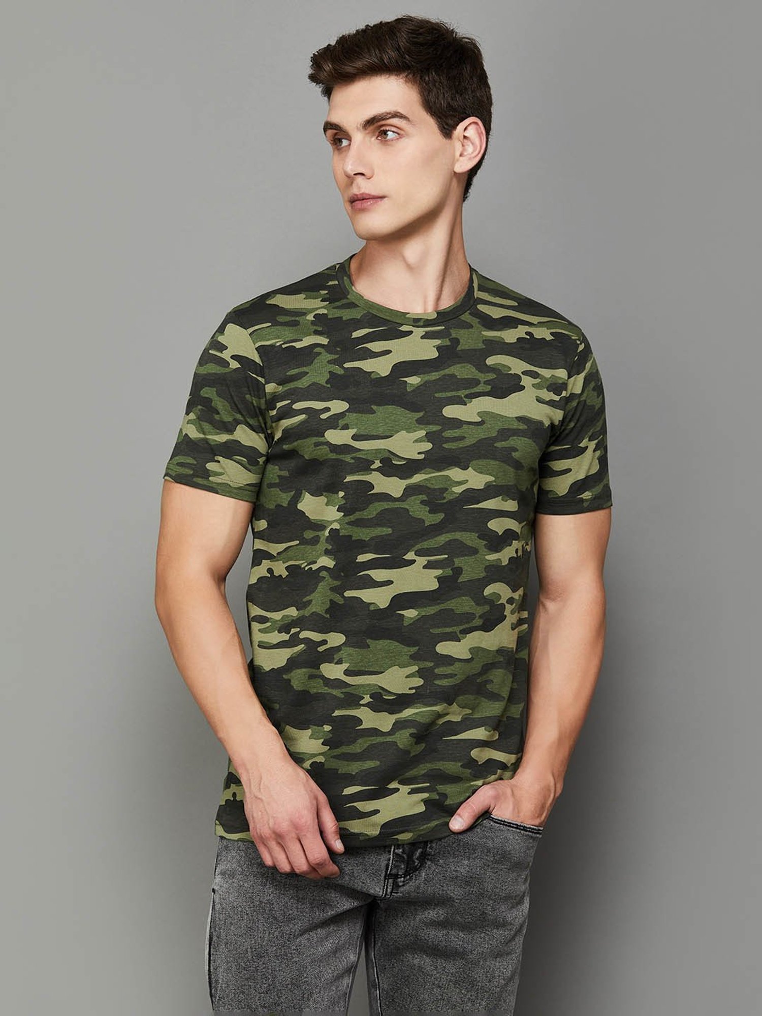 BOSSINI Olive Cotton Slim Fit Camouflage T-Shirt