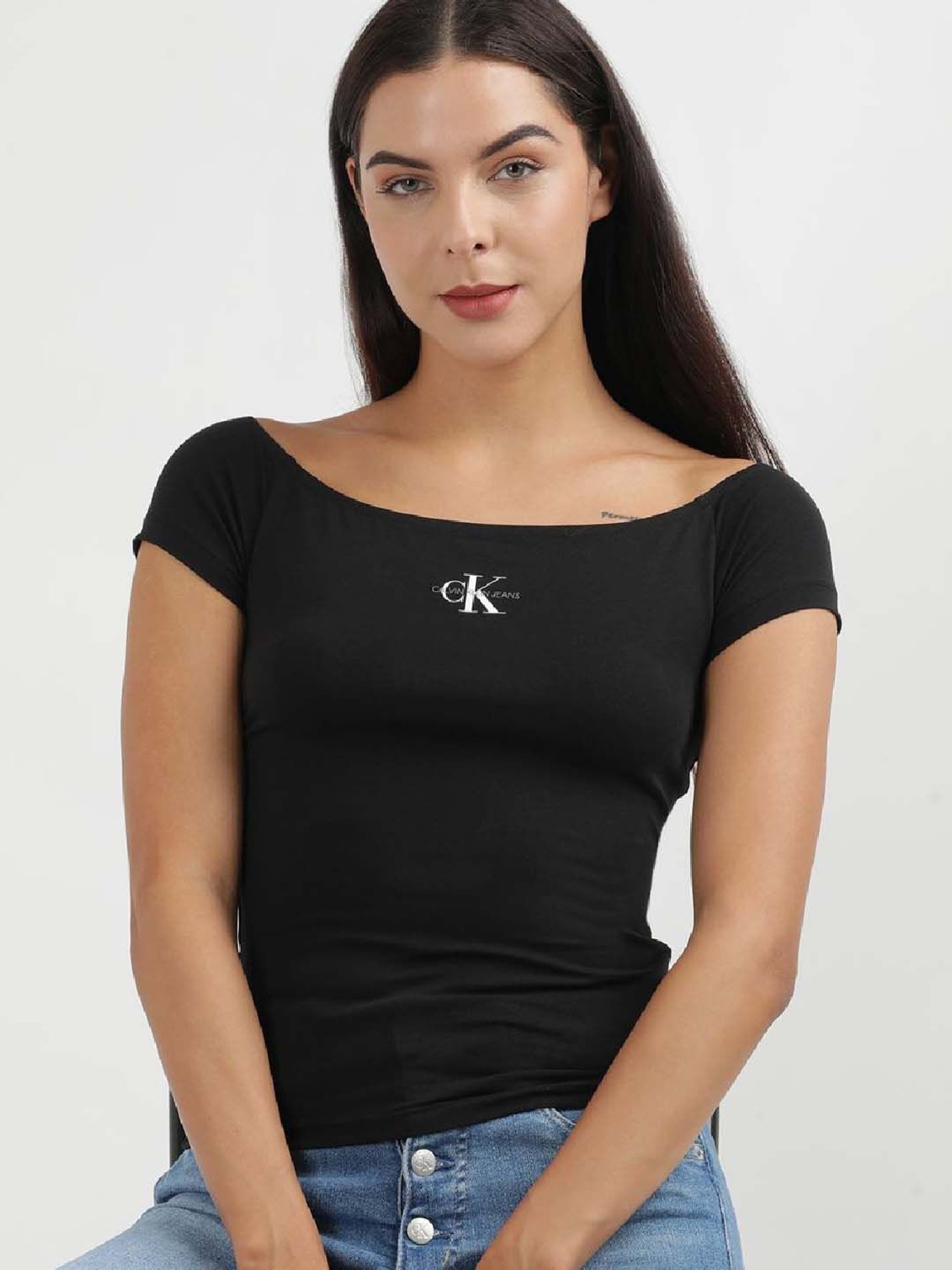CALVIN KLEIN Black Cotton Logo Print Top