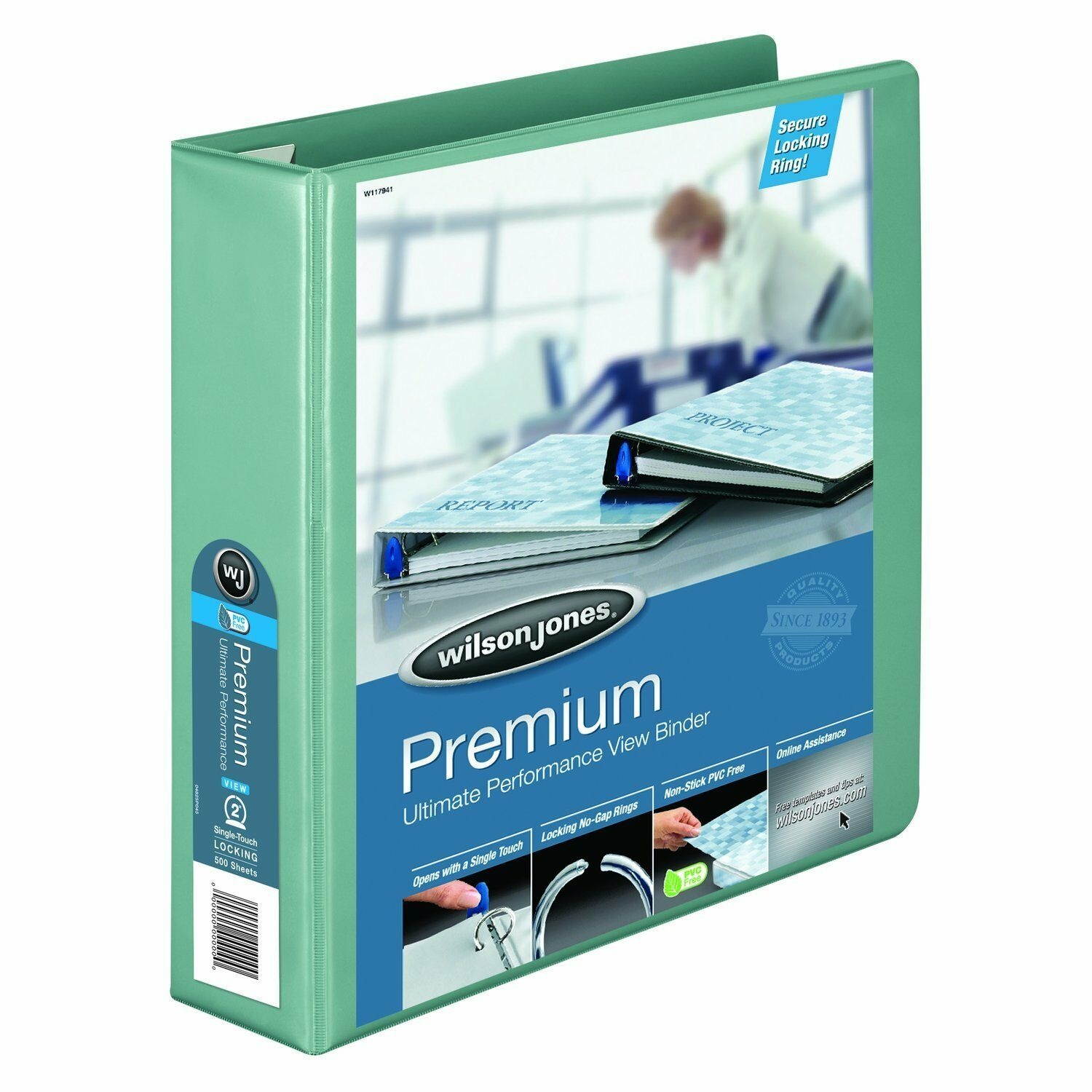 Wilson Jones Premium Single-Touch Locking Round Ring View Binder 2 Inch, Seafoam