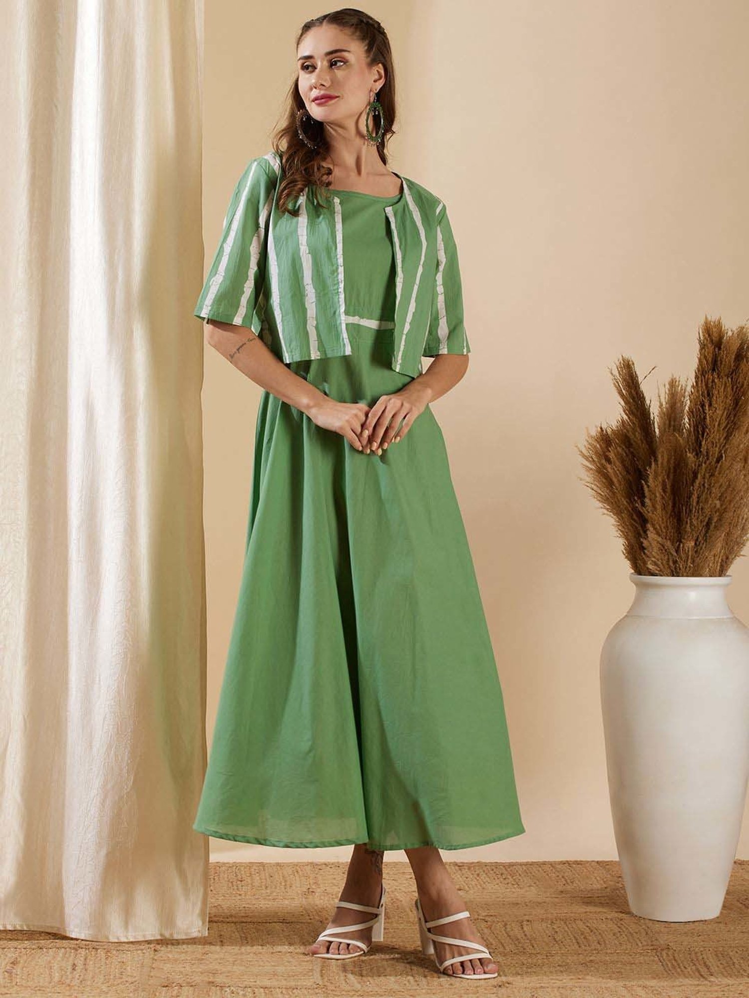 Fashor Green Cotton Printed Maxi Dress With Jacket