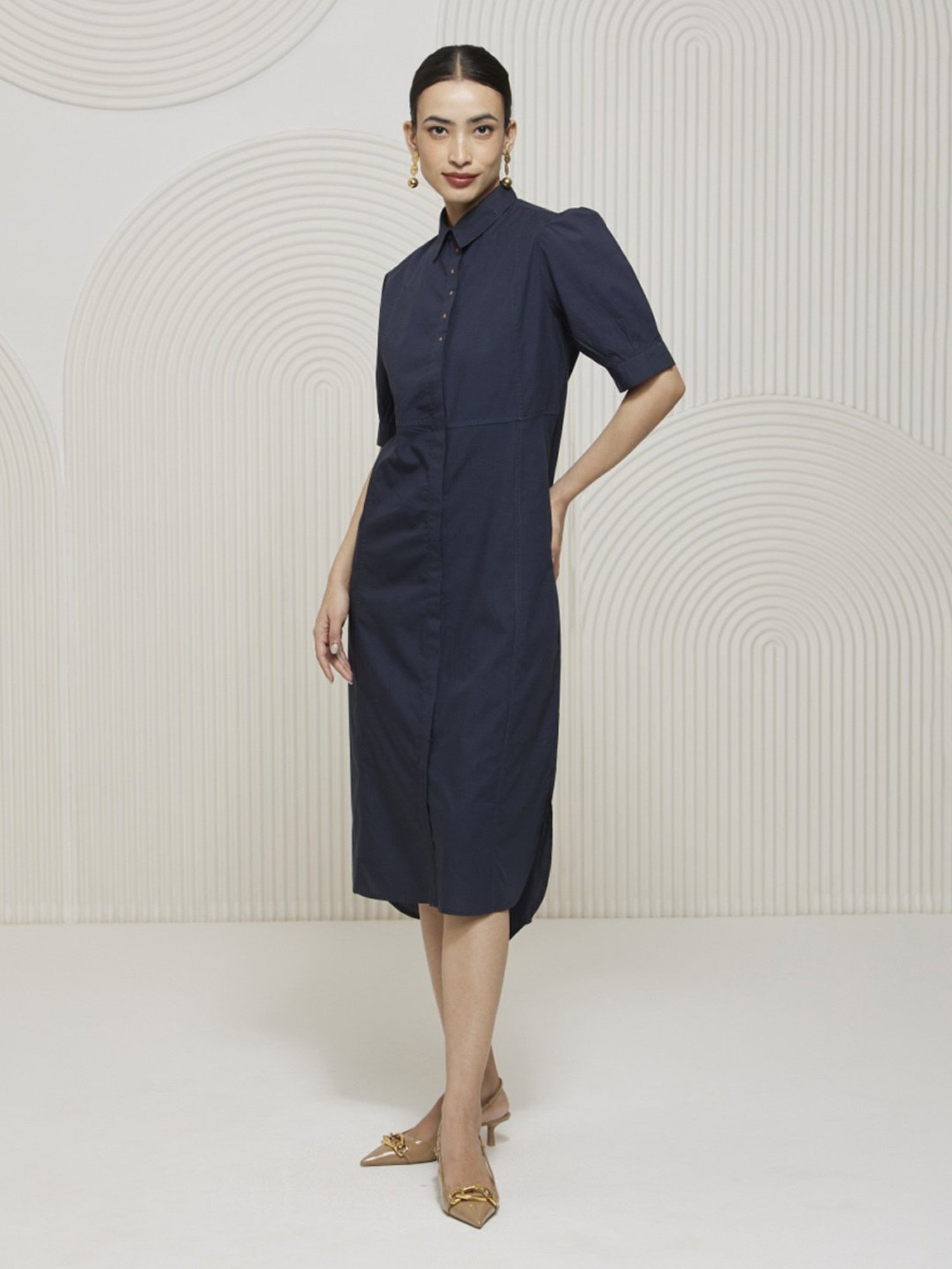 Artagai Midnight Navy Elevated Basics Front Open Calf Length Dress