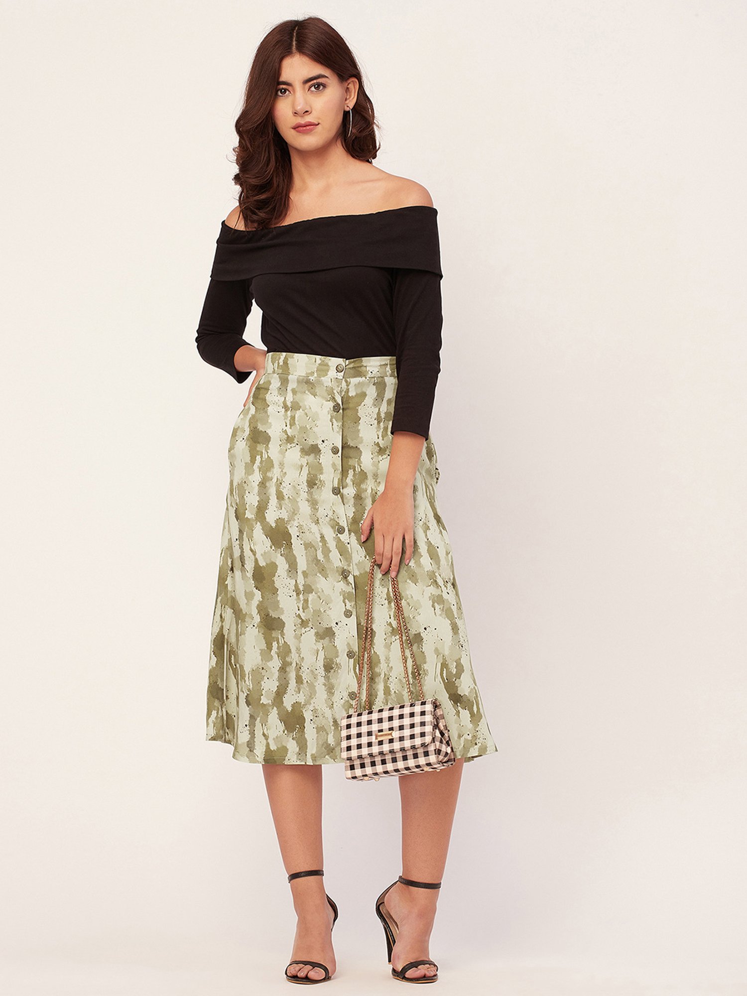 Moomaya Khaki Printed Skirt