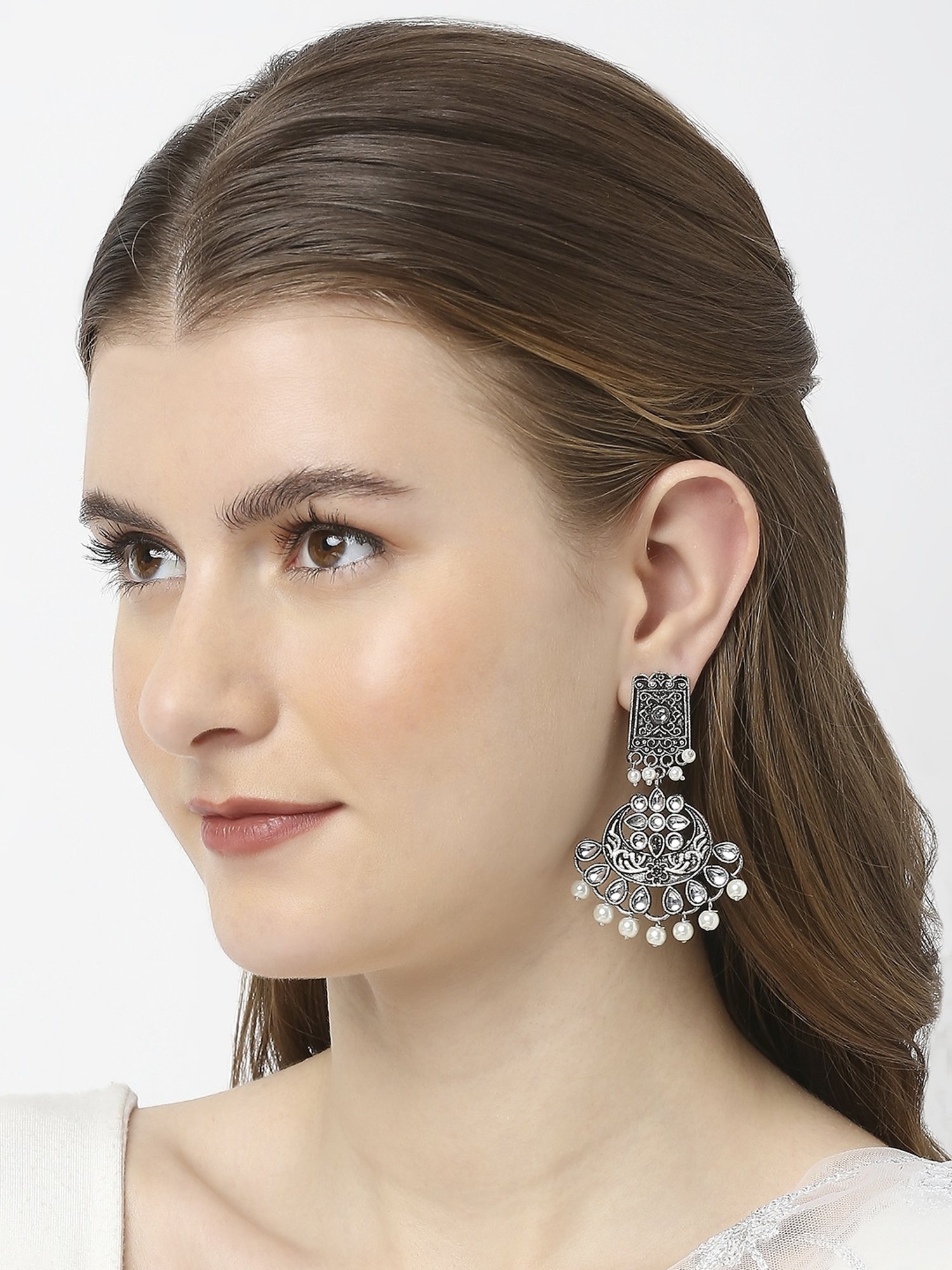 OOMPH Jewellery Oxidised Silver Look Alike Kundan Stone & Pearls Floral Design Ethnic Dangler