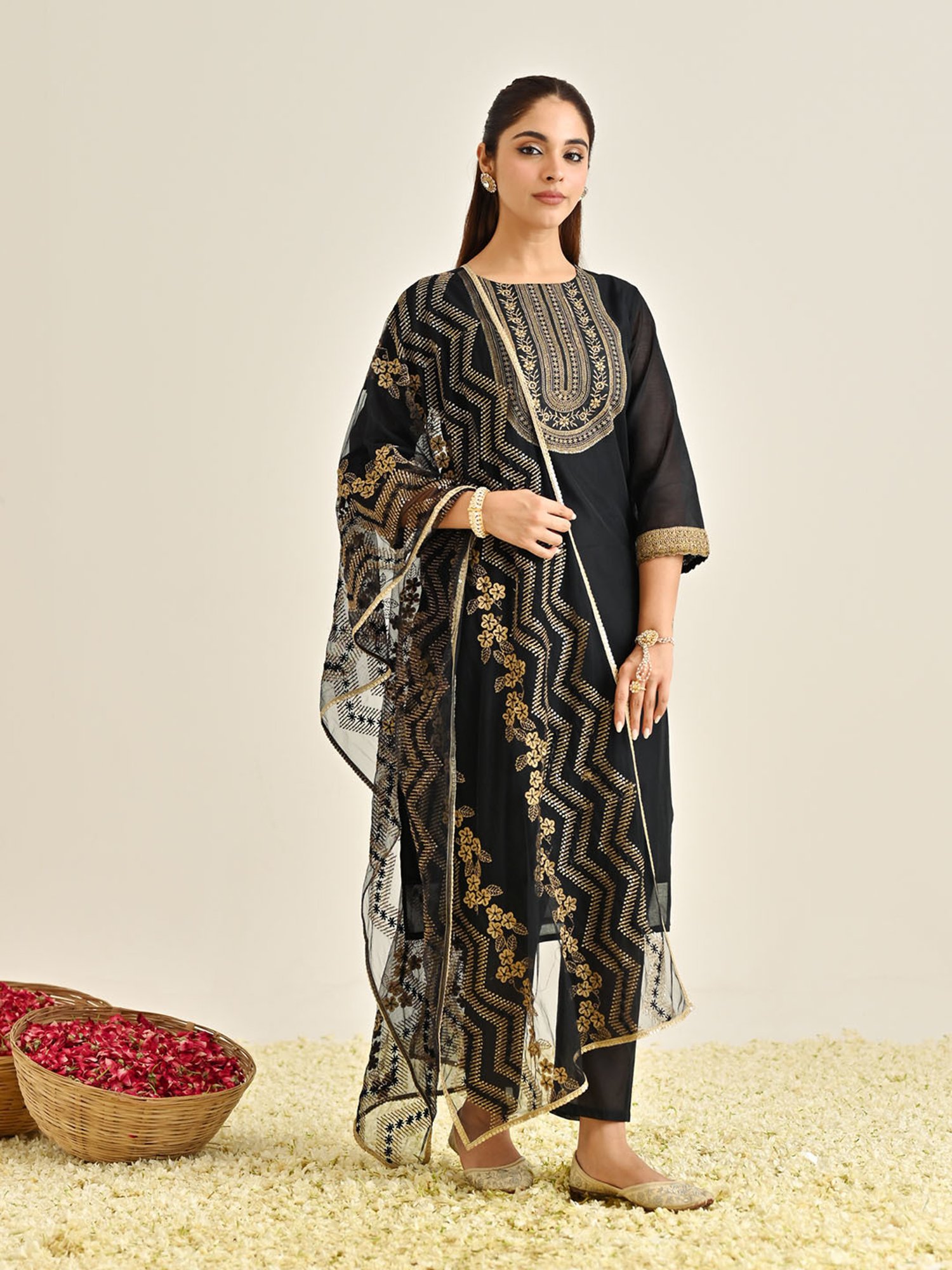 Rustorange Black Embroidered Kurta With Pant & Dupatta