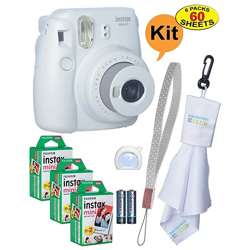 Instax Mini 9 Instant Film Camera + 20 Sheets of Instant Film + Lens Cleaning Cloth + Close-Up Selfie Lens + Wrist Strap | Batteries Included - Smokey-White