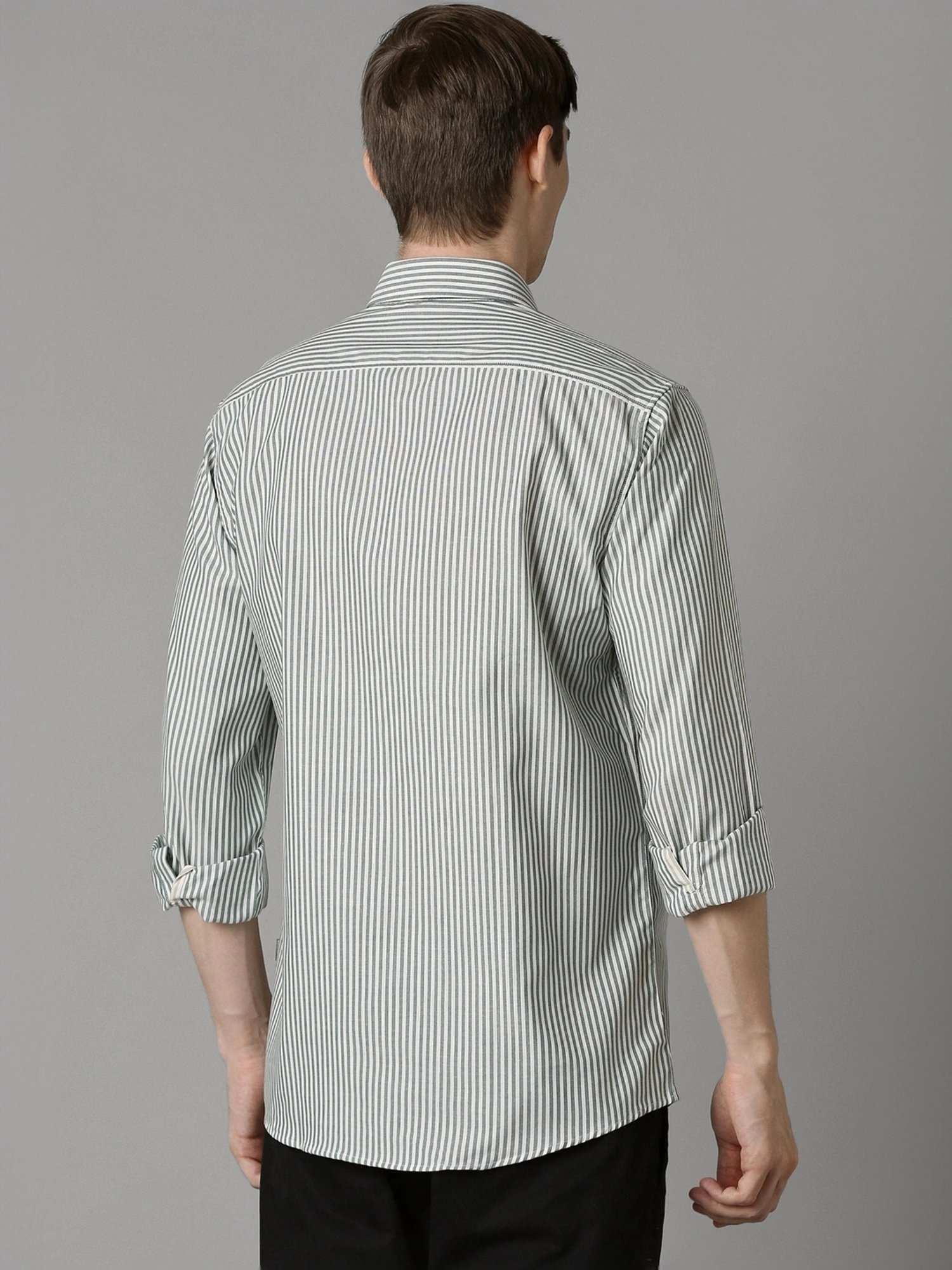 Louis Philippe Grey Cotton Slim Fit Striped Shirt