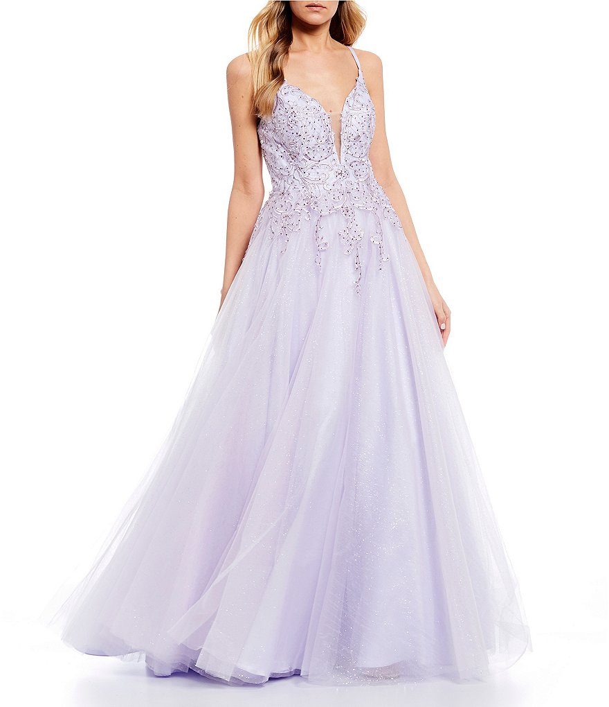 Coya Collection Spaghetti Strap Plunged V-Neck Embroidered Mesh Ball Gown