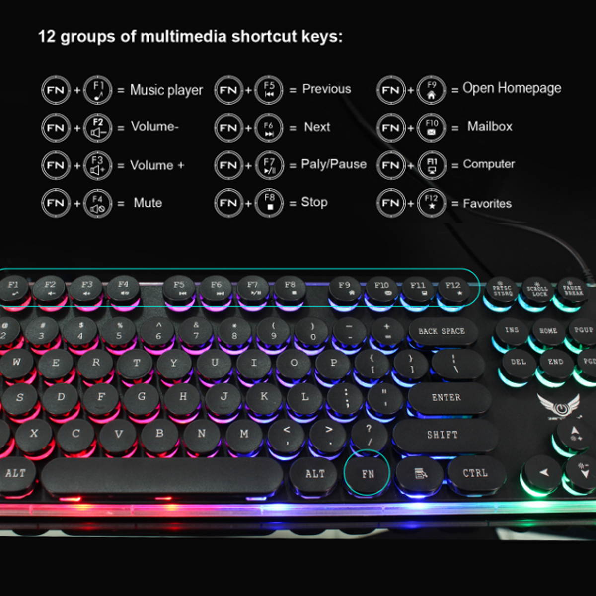 Gaming Keyboard 3 Color Backlit Keyboard USB Punk Keycaps Retro Style Gaming Competitive Office Notebook Gaming Keyboard, Black, GK28