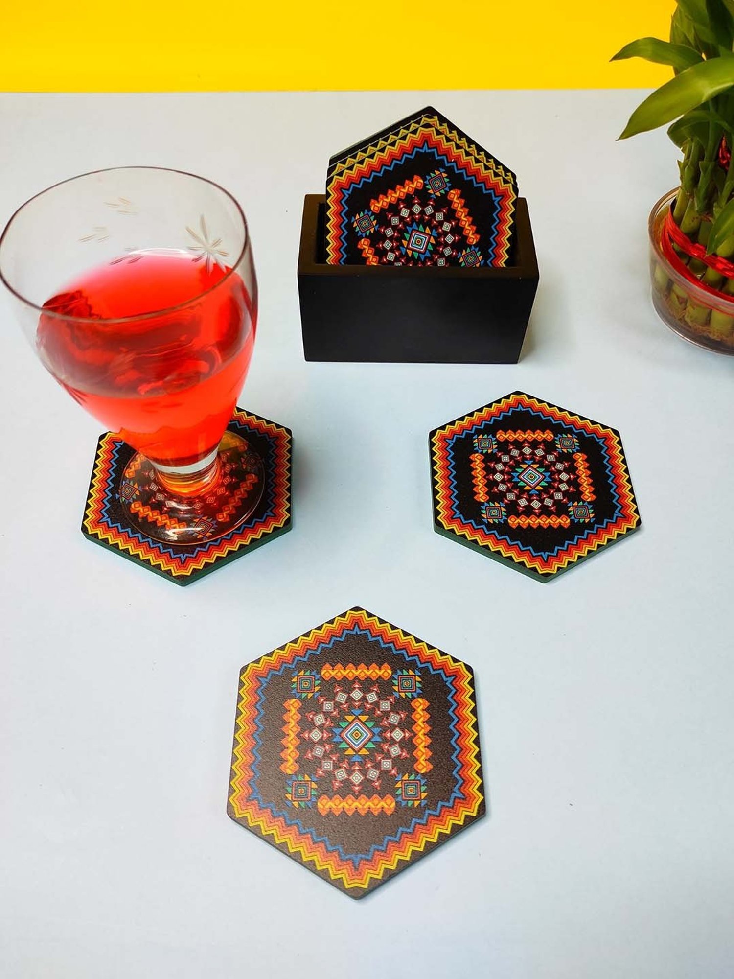 Crayton Black Wooden Geometric Printed Hexagon Coasters with Holder - Set of 6