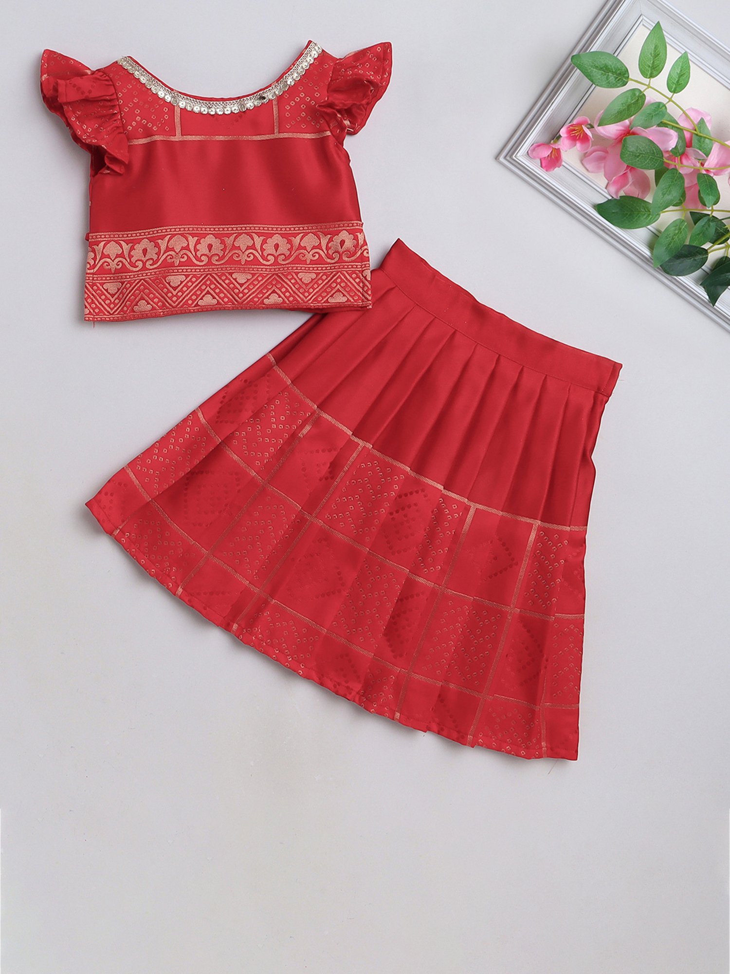 A Little Fable Kids Red & Beige Embellished Lehenga Choli