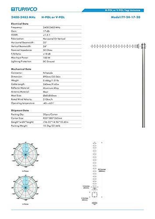 Tupavco TP513 Yagi WiFi Antenna 2.4GHz 17dBi Angle H:25&deg; V:24 Outdoor Directional Wireless