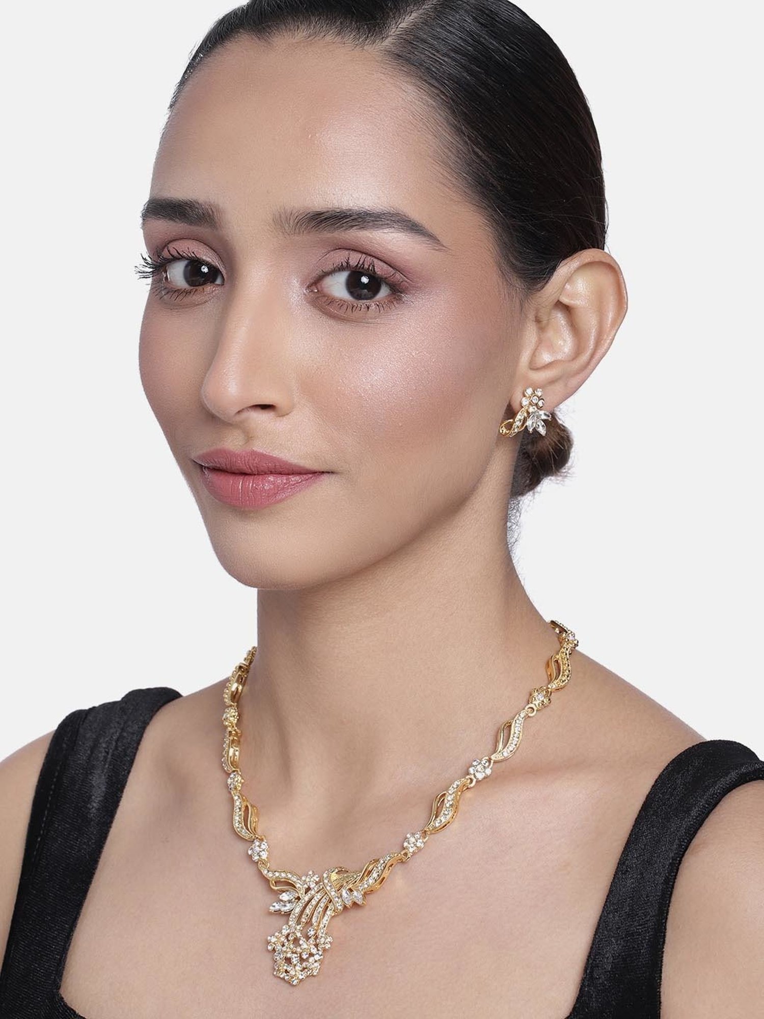 Estele Gold-Plated Floral Wave Necklace & Earring Set for Women