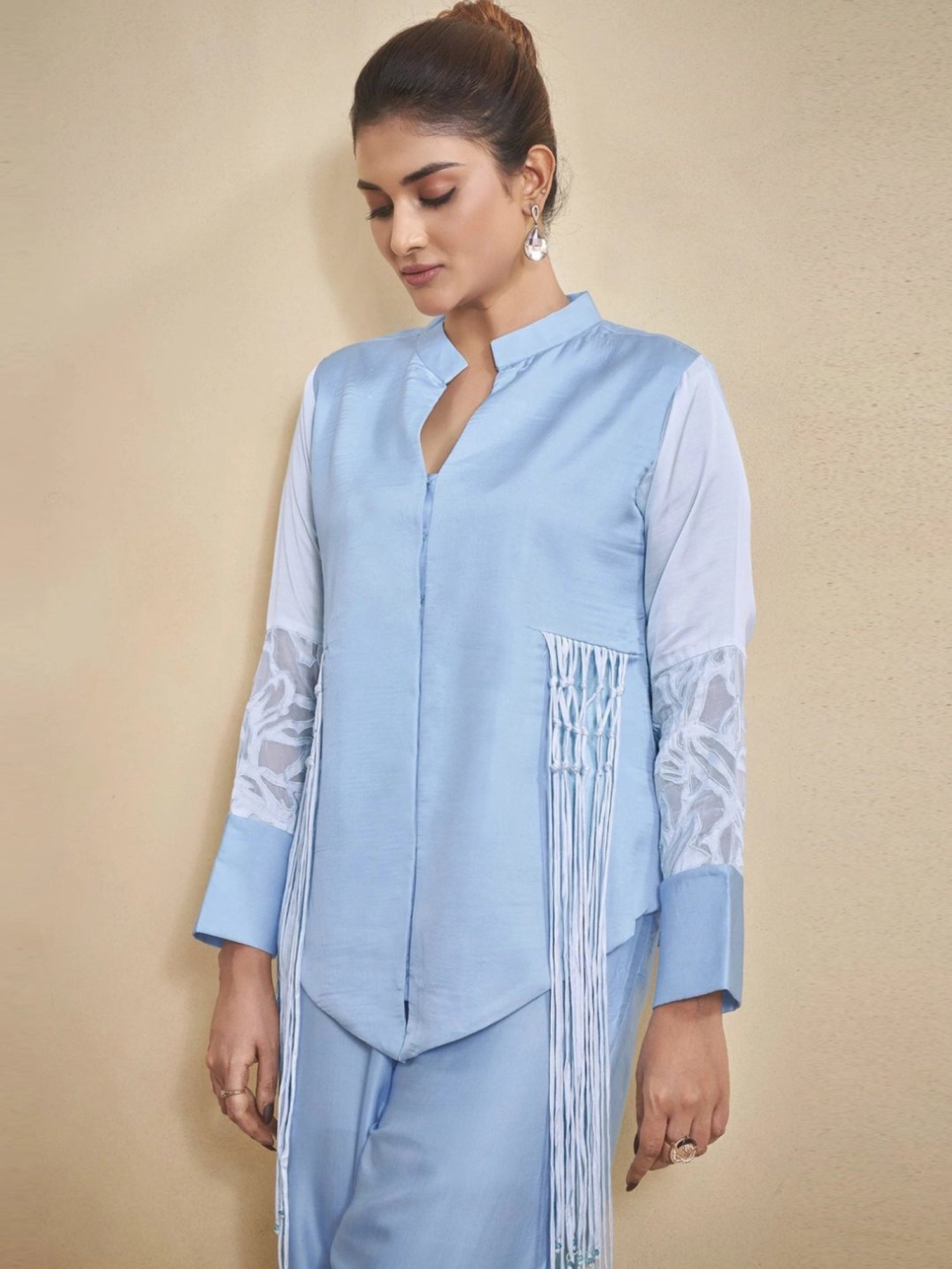 Kaftanize Blue Lily Bliss Ensemble Cotton Satin Top with Pant Co-Ord Set
