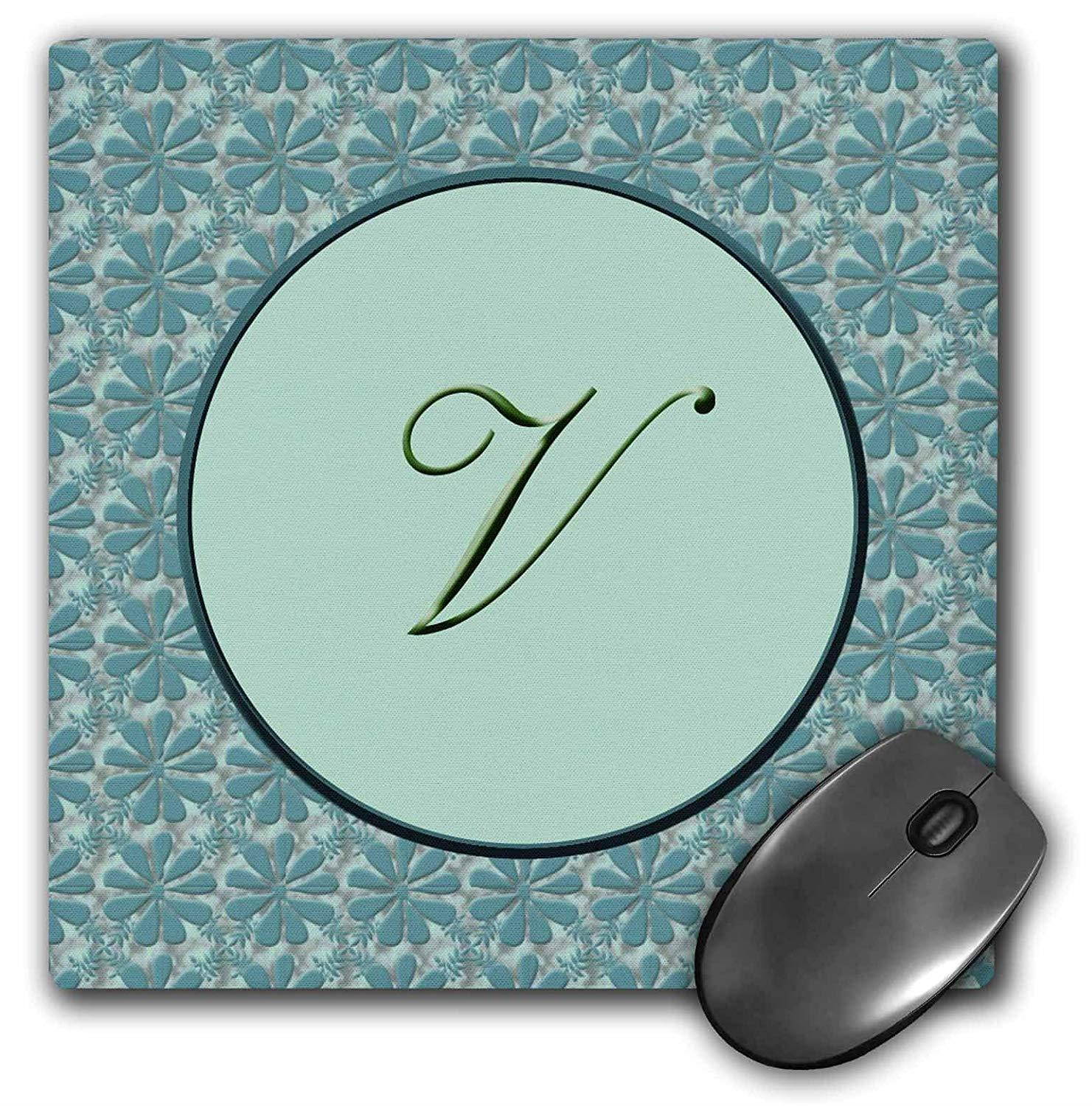 3dRose LLC 8 X 8 X 0.25 Inches Mouse Pad, Elegant Letter V in Round Frame Surrounded by Floral Pattern in Teal Green Monotones (mp_36064_1)