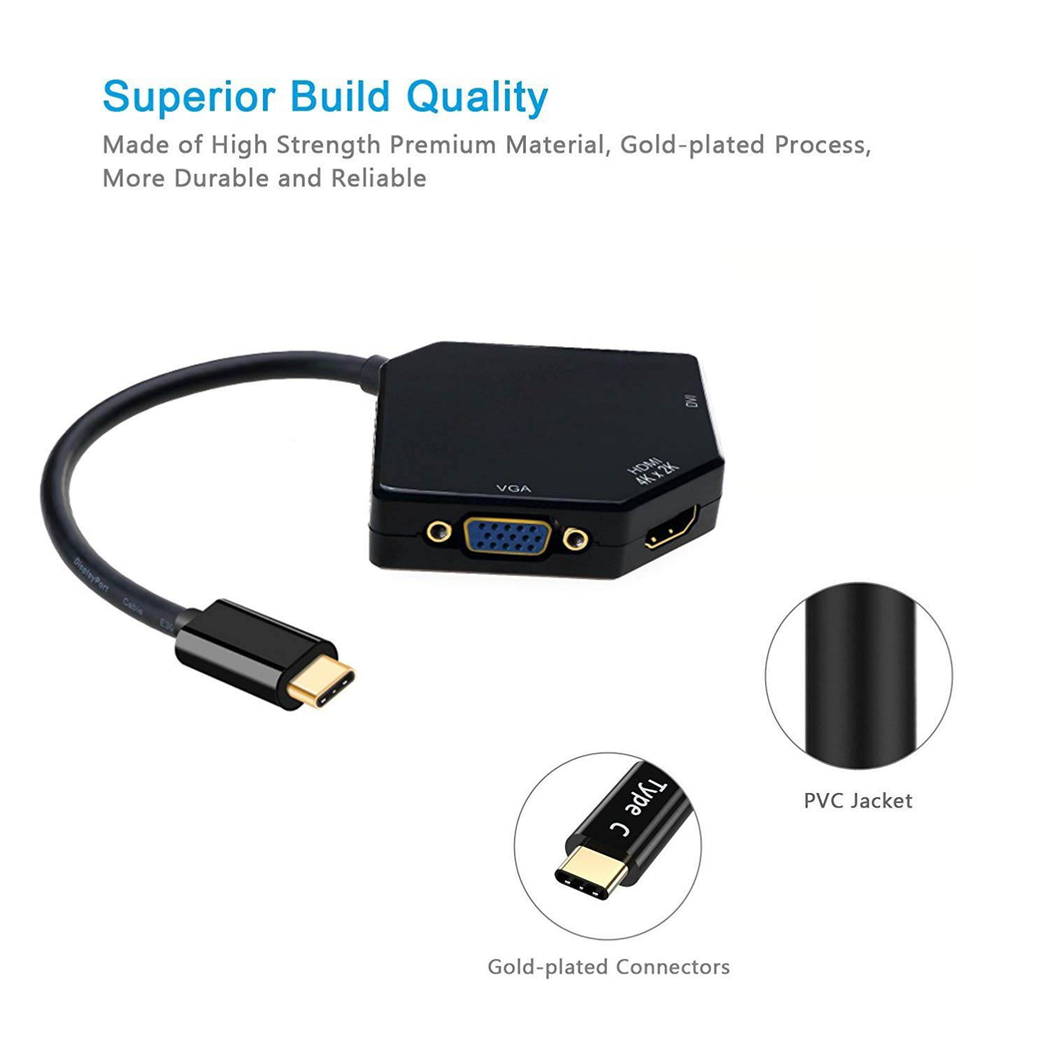 ESTONE USB C to HDMI/DVI/VGA Adapter, 3 in 1 USB 3.1 Type-C Hub VGA/HDMI/DVI Video Adapter 4K UHD, Support HDMI&VGA, DVI&VGA Simultaneously, Male to Female Multi-Display Video Converter