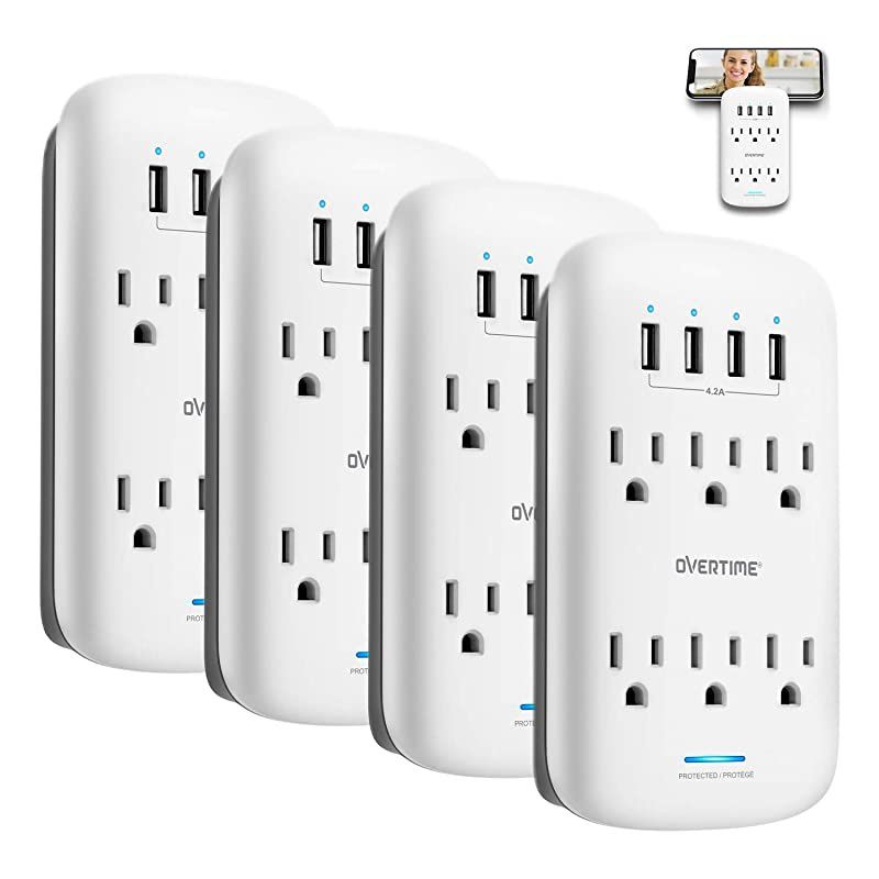Wall Charger 4Pack Socket Shelf Overtime Surge Protector 6 Outlet Extender with 4 Ports Charging Station Compatible iPhone 11 Pro MaxXsXS MaxXRX876Plus Samsung ETL Certified