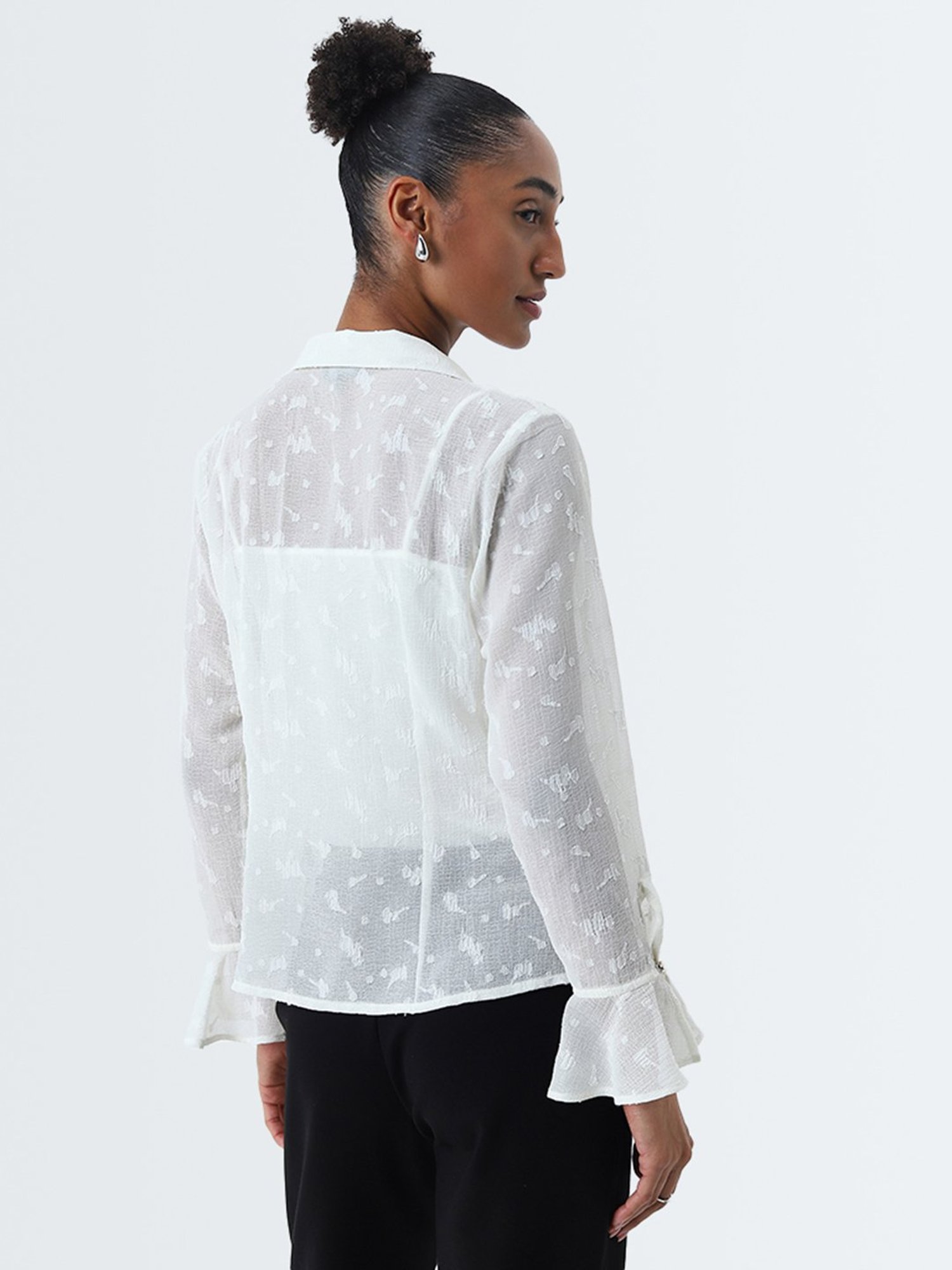 Wardrobe by Westside Ivory Ruffled Self-Patterned Top