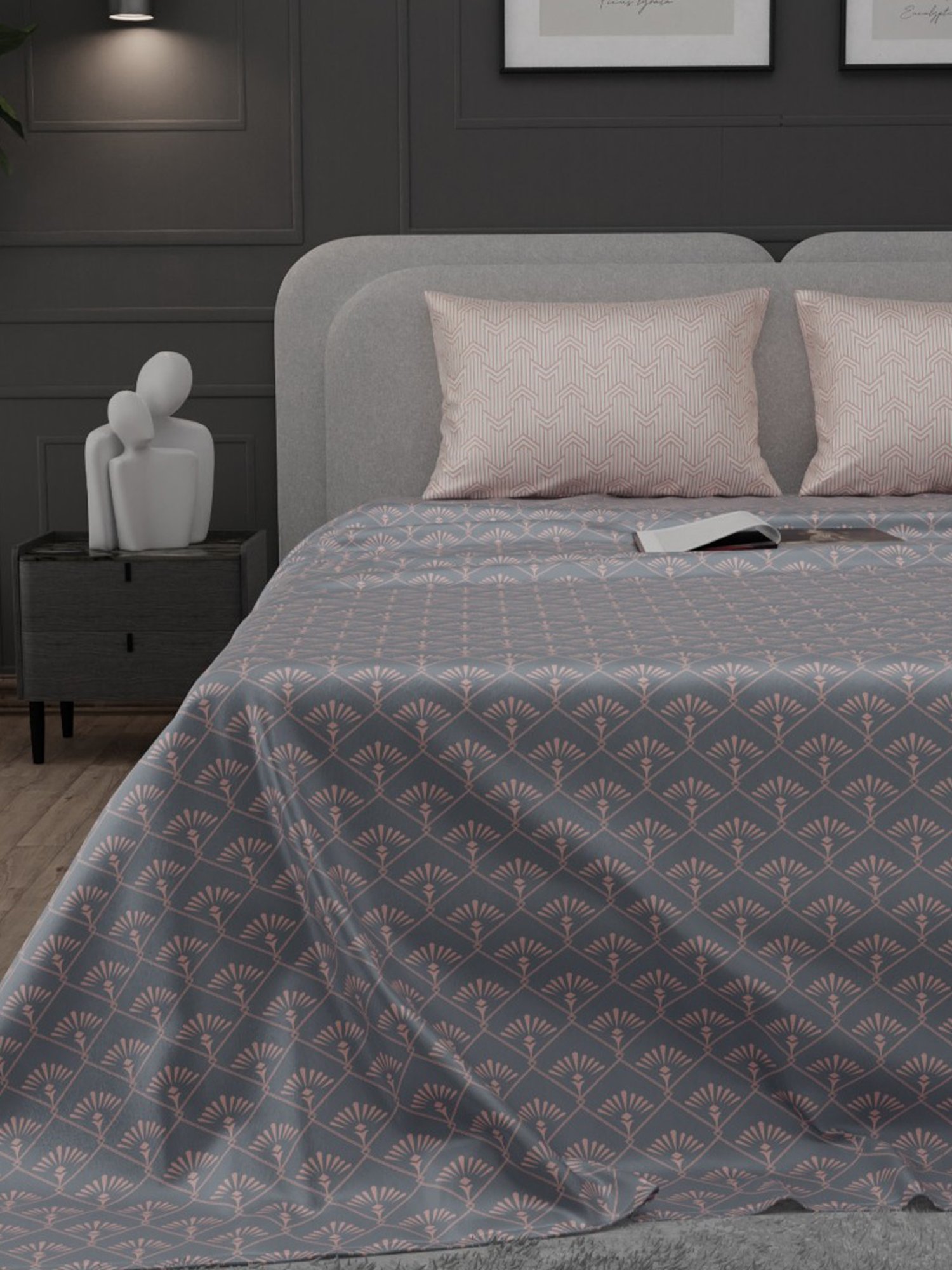 Stoa Paris Elegance Grey Polyester 300 TC Sateen King Size Bed Sheet With 2 Pillow Covers