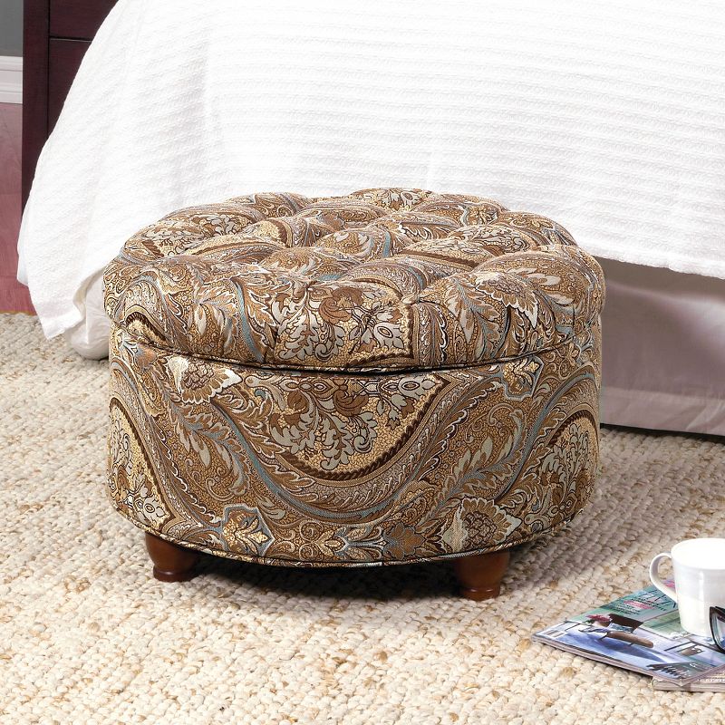 Button Tufted Round Storage Ottoman Brown Paisley - HomePop
