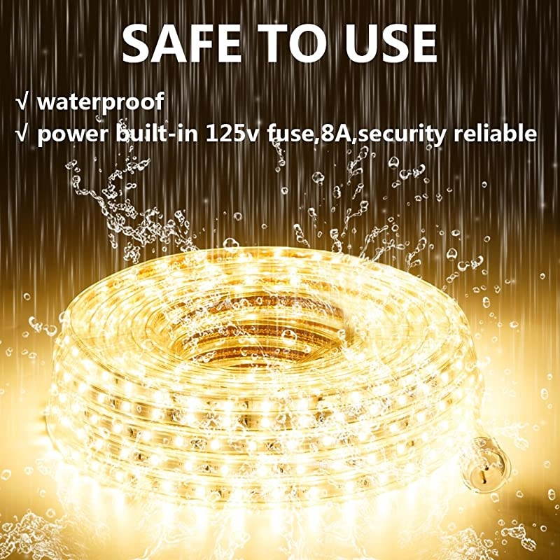 50ft/15m LED Lights Strip kit,Waterproof, 3000K Warm White,110V 2 Wire, Flexible, 900 Units SMD 2835 LEDs,UL Listed Power Supply,Indoor/Outdoor Use, Ideal for Backyards, Decorative Lighting