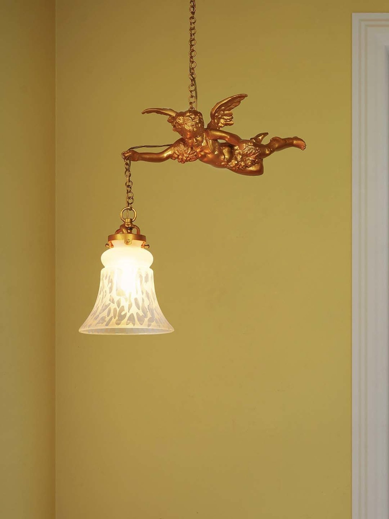 Fos Lighting Cherub Classic Golden & White Aluminium Hanging Light With Bell Glass Shade - Set of 1