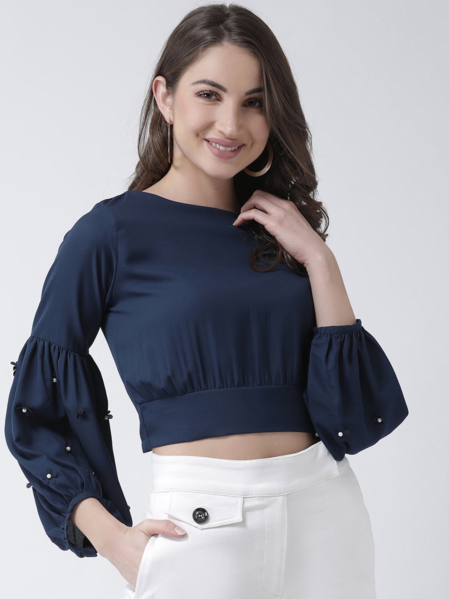 KASSUALLY Navy Embellished Crop Top