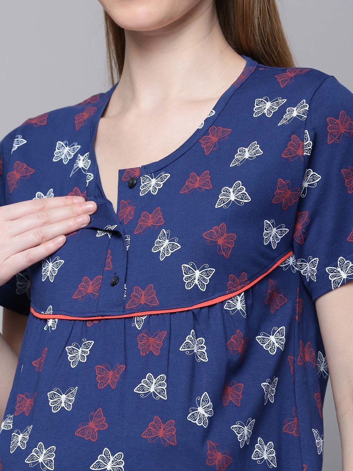 Kryptic Blue Cotton Printed Maternity Nightdress