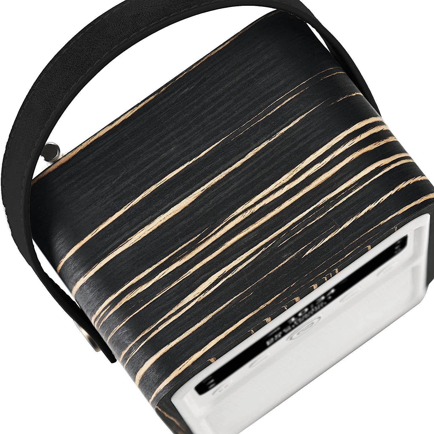 monty by vq | radio & bluetooth speaker with am/fm & hd radio, dual alarm clock, mains or battery  real wood black zebra case