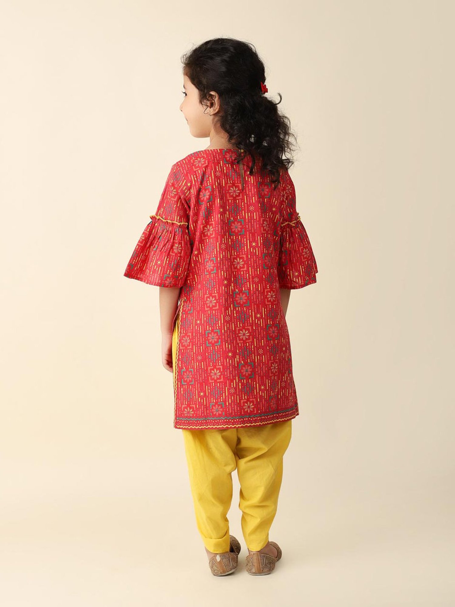 Fabindia Kids Red & Yellow Printed Kurta, Salwar with Dupatta