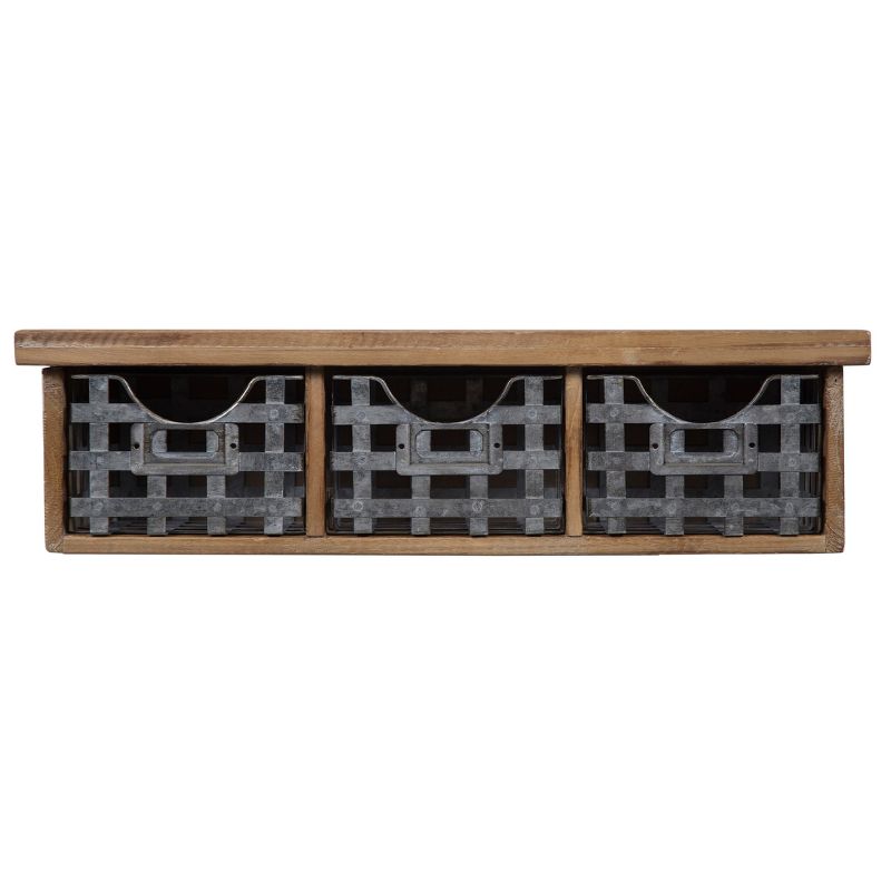 21.1" x 5.7" Reclaimed Wood Wall Organizer with 3 Metal Basket Bins Brown - Gallery Solutions