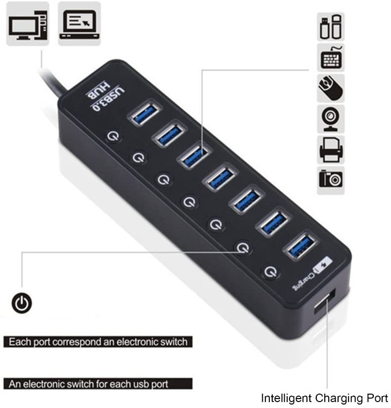 USB 3.0 Hub ZIKO 8-Port USB 3.0 Extender Hub 7 High Speed Data Transfer Ports 1 Smart Charging Port with Individual On/Off Switches LED Indicator for Smartphone Laptop Tablet