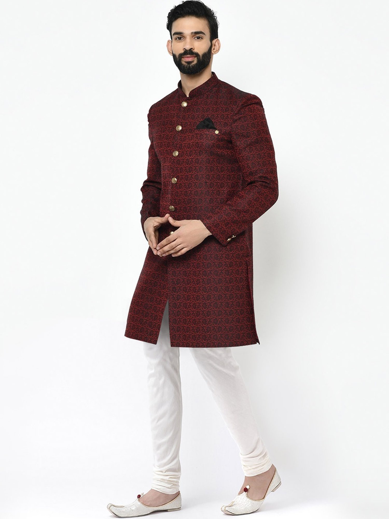 KISAH Maroon & White Regular Fit Jacquard Sherwani Set