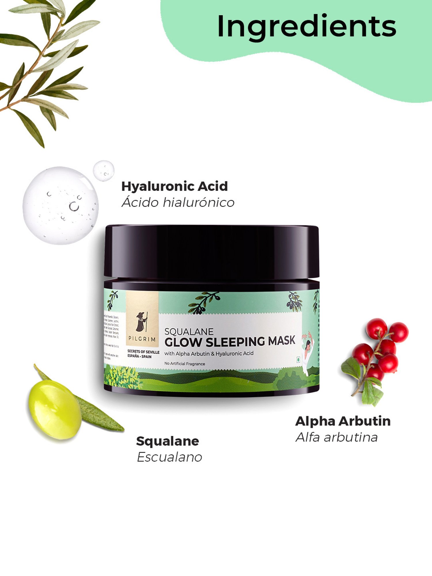 Pilgrim Squalane (Plant) Glow Sleeping Mask with Alpha Arbutin & Hyaluronic Acid - 50 gm