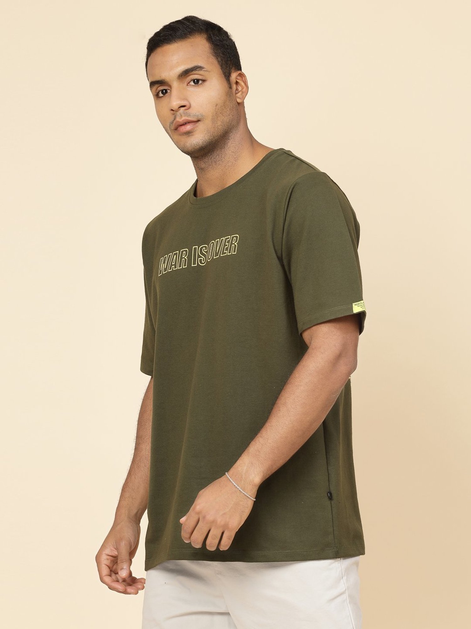 Rigo Army Green Cotton Loose Fit Typography T-Shirt