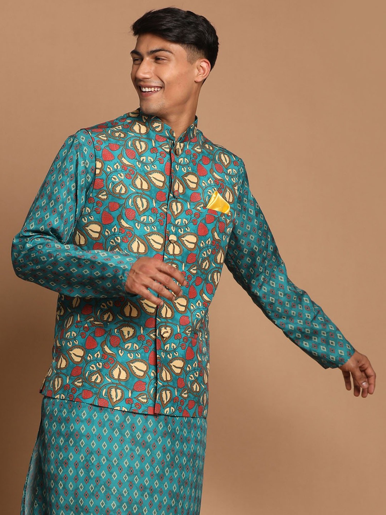 VASTRAMAY Teal Green Regular Fit Printed Nehru Jacket