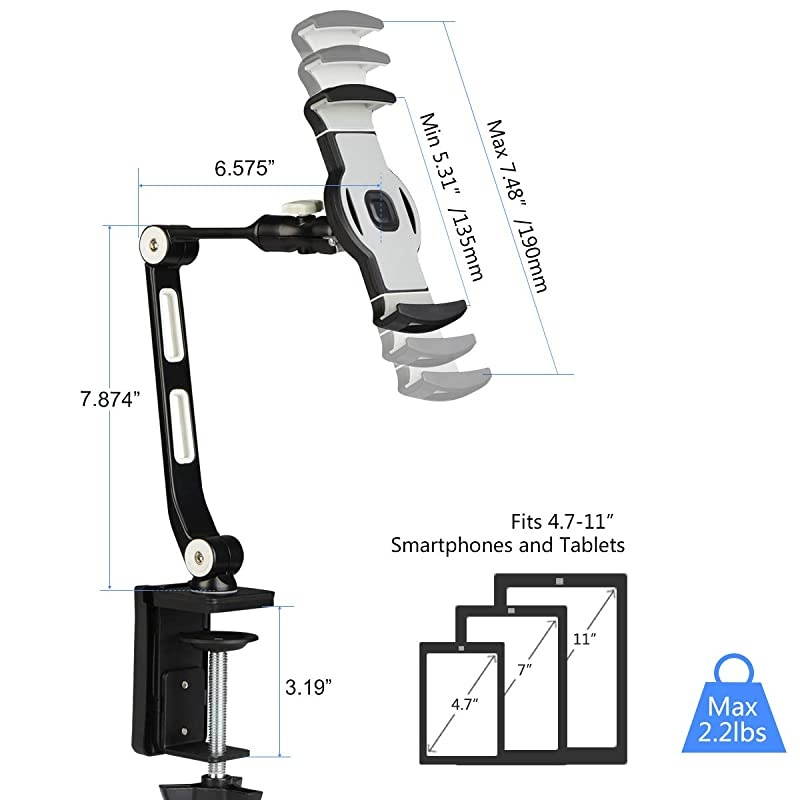 Aluminum Alloy Cell Phone Desk Mount Stand 360&deg; Tablet Stand and Holders Adjustable for iPad iPhone Samsung Asus and More 4711 inch Devices Good for Bed Kitchen Office YF208B