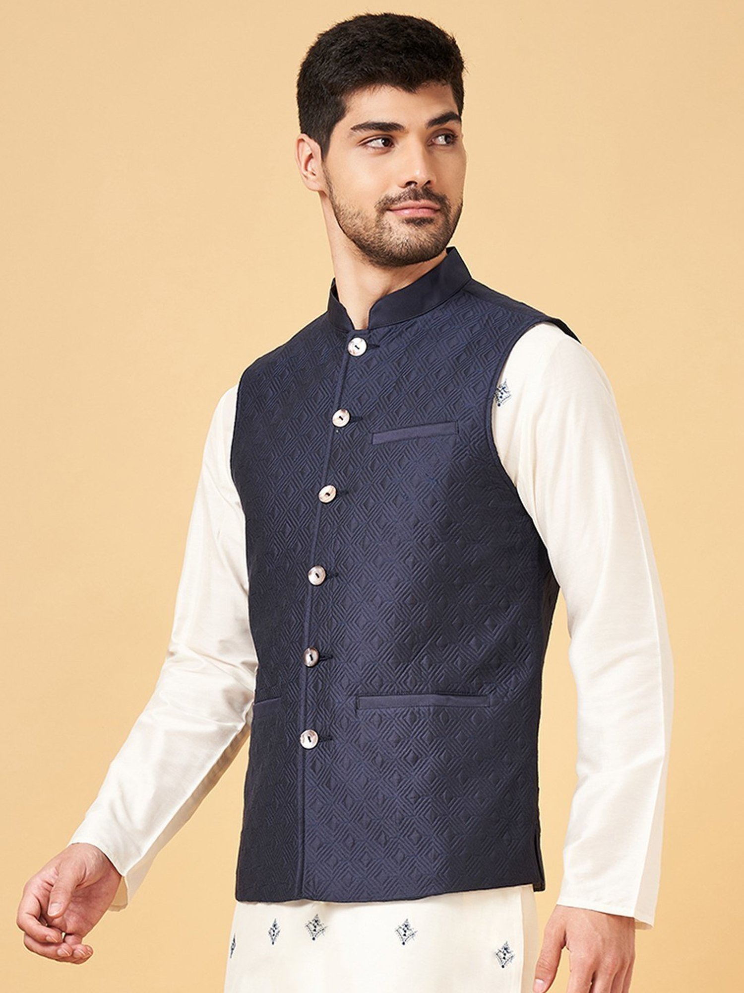 Indus Route By Pantaloons Navy Regular Fit Self Pattern Nehru Jacket