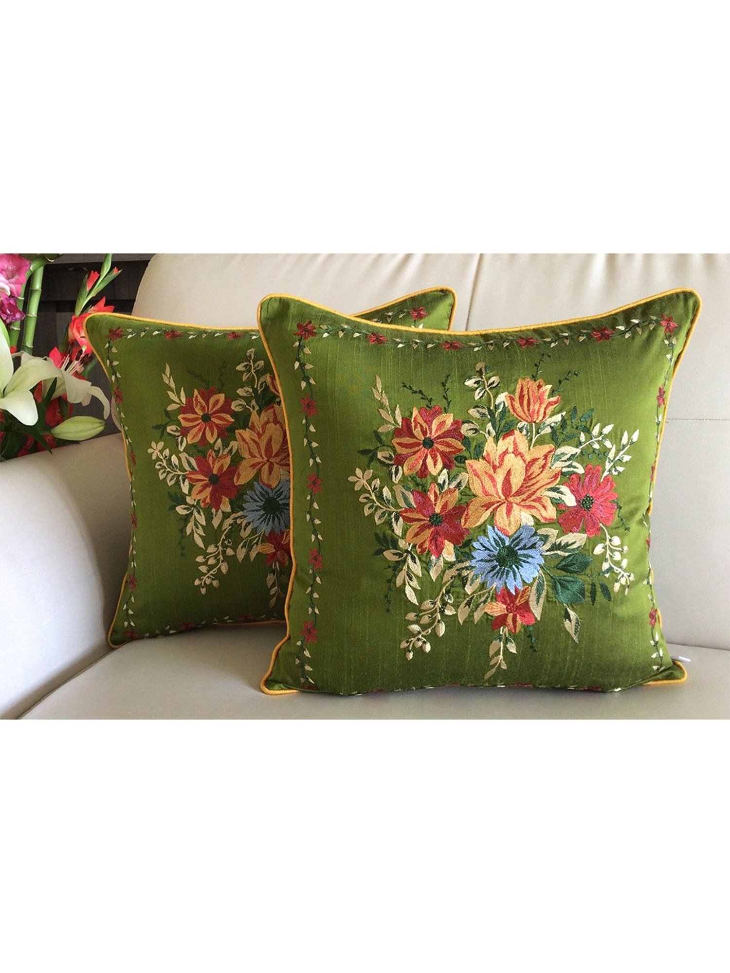TARA Sparkling Homes Gardens of Florence Green Cotton Silk Embroidery Cushion Cover
