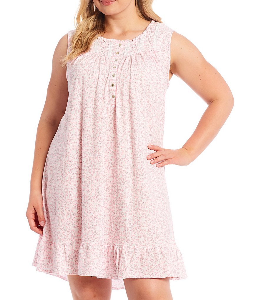 Eileen West Plus Scroll Floral Print Jersey Knit Sleeveless Nightgown