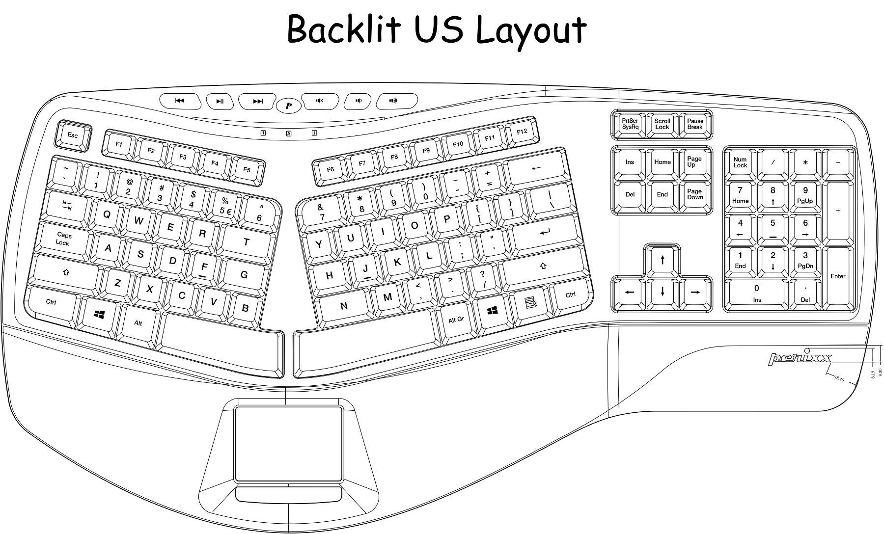 Perixx PERIBOARD-312 Ergonomic Backlit Keyboard - Wired USB with 2 Hubs - Natural Ergonomic Split Design - White LED - Black