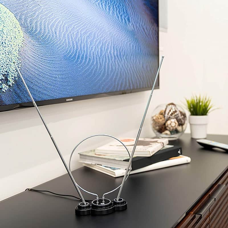 Traditional Rabbit Ears Indoor Black TV Antenna 15 inch Extendable Dipoles and Circular Loop Tabletop Antenna Digital HDTV Antenna Smart TV Compatible 4K 1080P VHF UHF Compact Design 33676