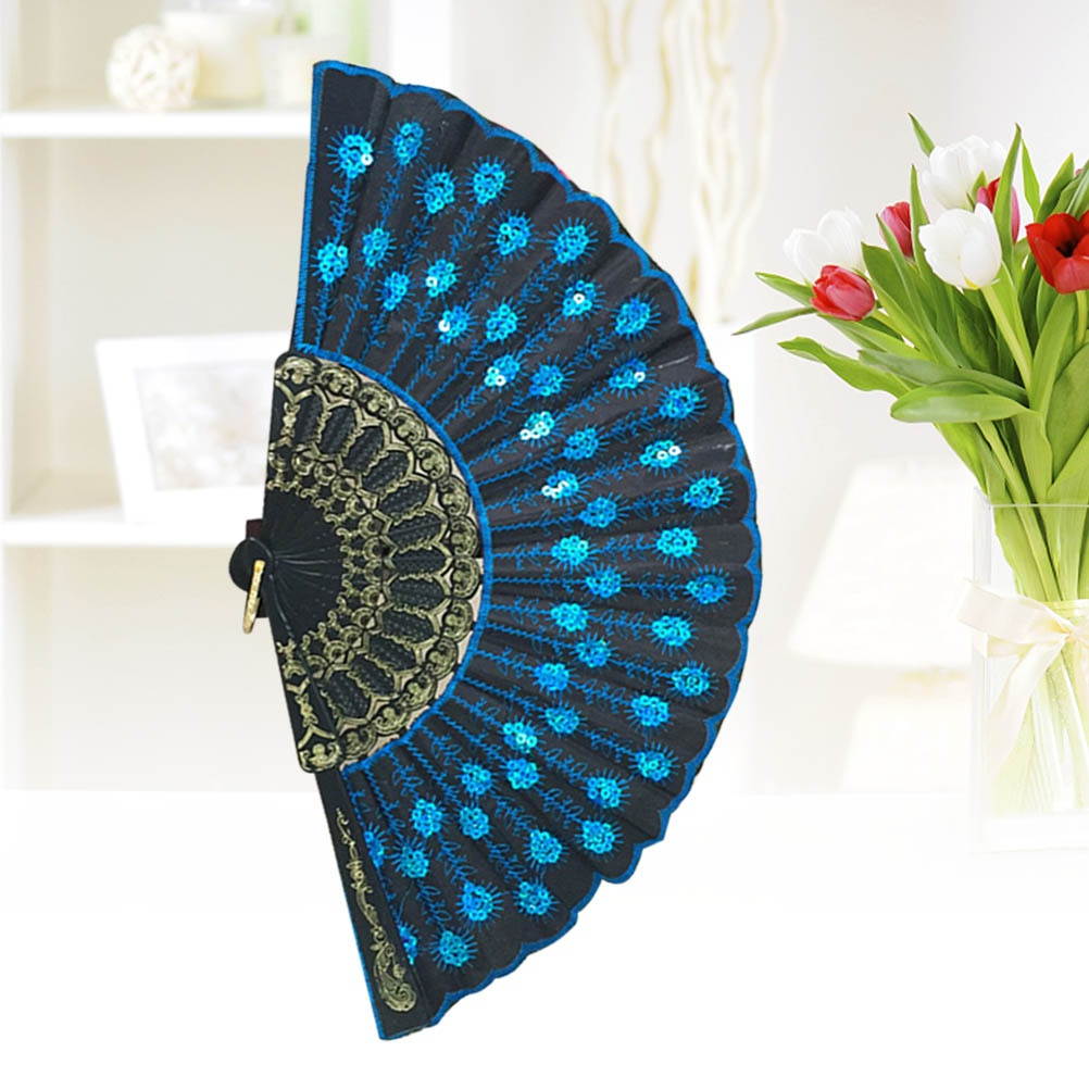 Fashionable Sequins Peacock Fan Handmade Dance Hand Fans for Performance Stage Show (Sky Blue)