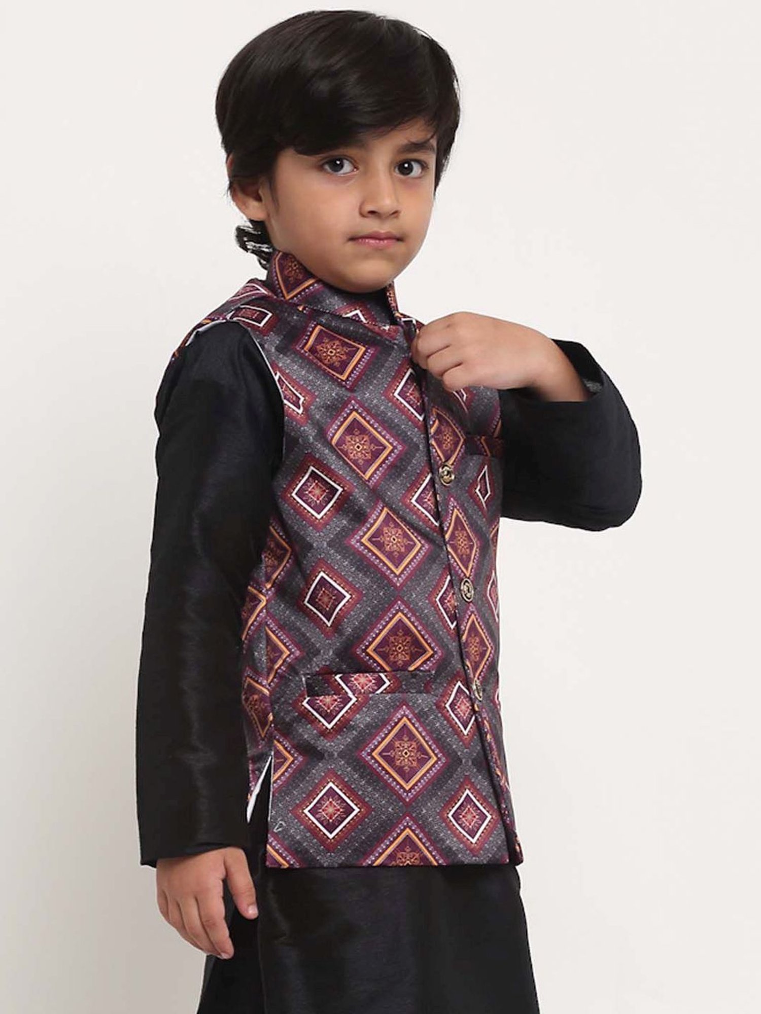 Benstoke Kids Purple & Grey Printed Nehru Jacket