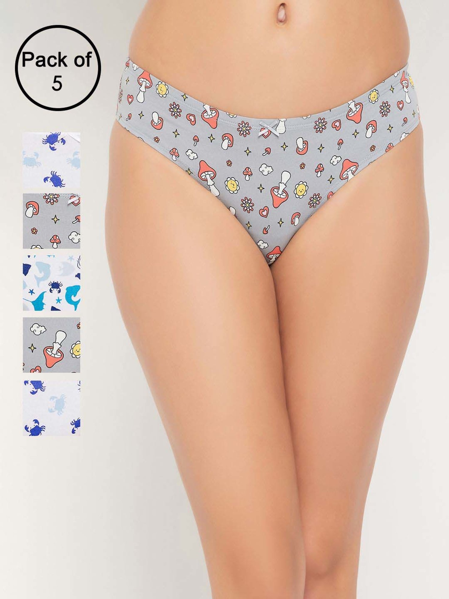 Clovia White & Grey Cotton Printed Hipster Panty - Pack Of 5