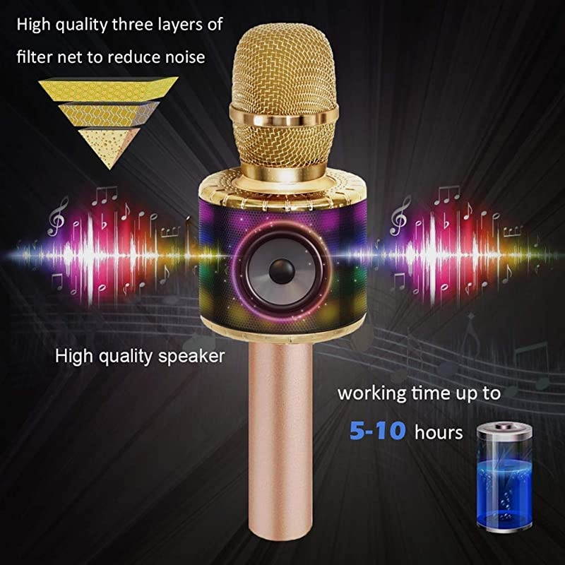 Wireless Bluetooth Karaoke Microphone with Multicolor LED Lights 4 in 1 Portable Handheld Home Party Karaoke Speaker Machine for AndroidiPhoneiPadSonyPCGolden