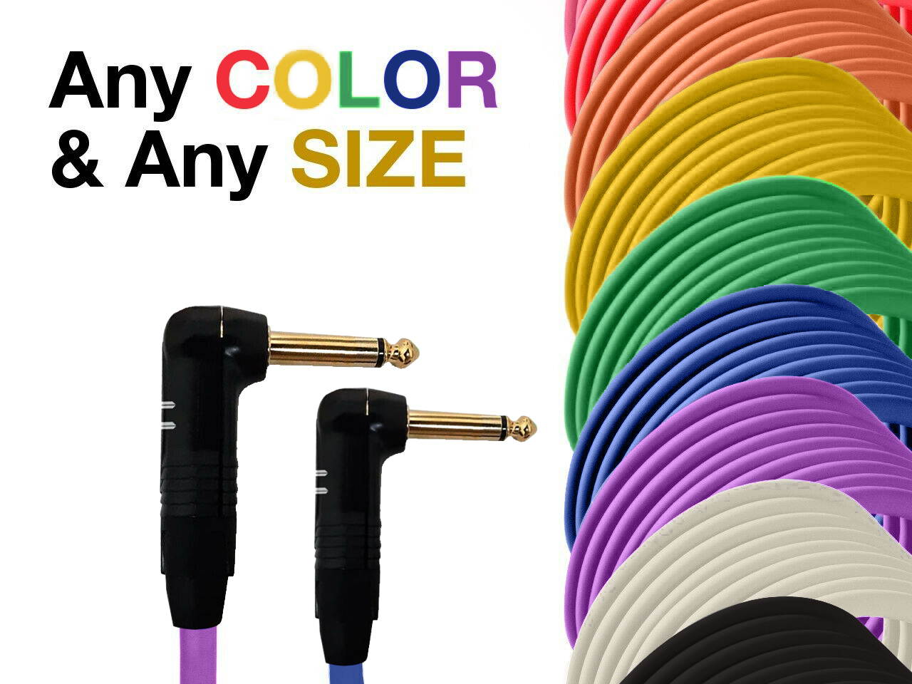 Right Angle 1/4" TS Unbalanced Mono Cable - Custom Length, Color Connector Cord
