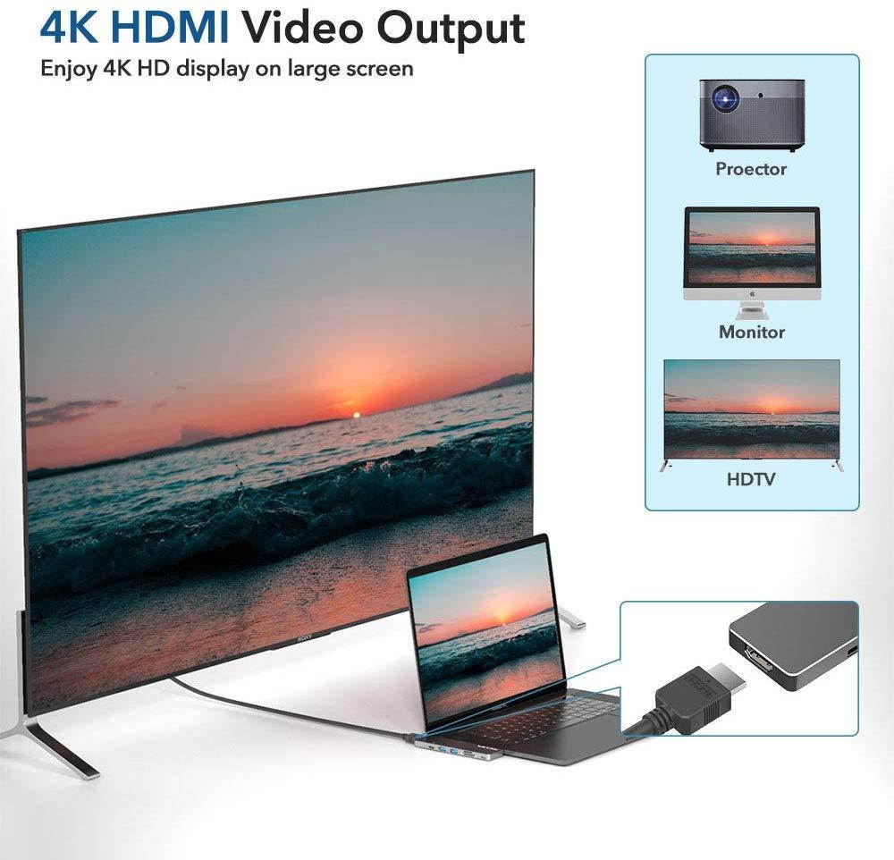 USB C Hub Adapter for MacBook Pro 2019 2018-2016,WAVLINK 7-in-1 Aluminum USB-C Hub with 4K HDMI,Thunderbolt 3 Port (40Gbps),100W Power Delivery,2 USB 3.0, USB 3.1,SD/Micro SD Card Reader(Space Gray)