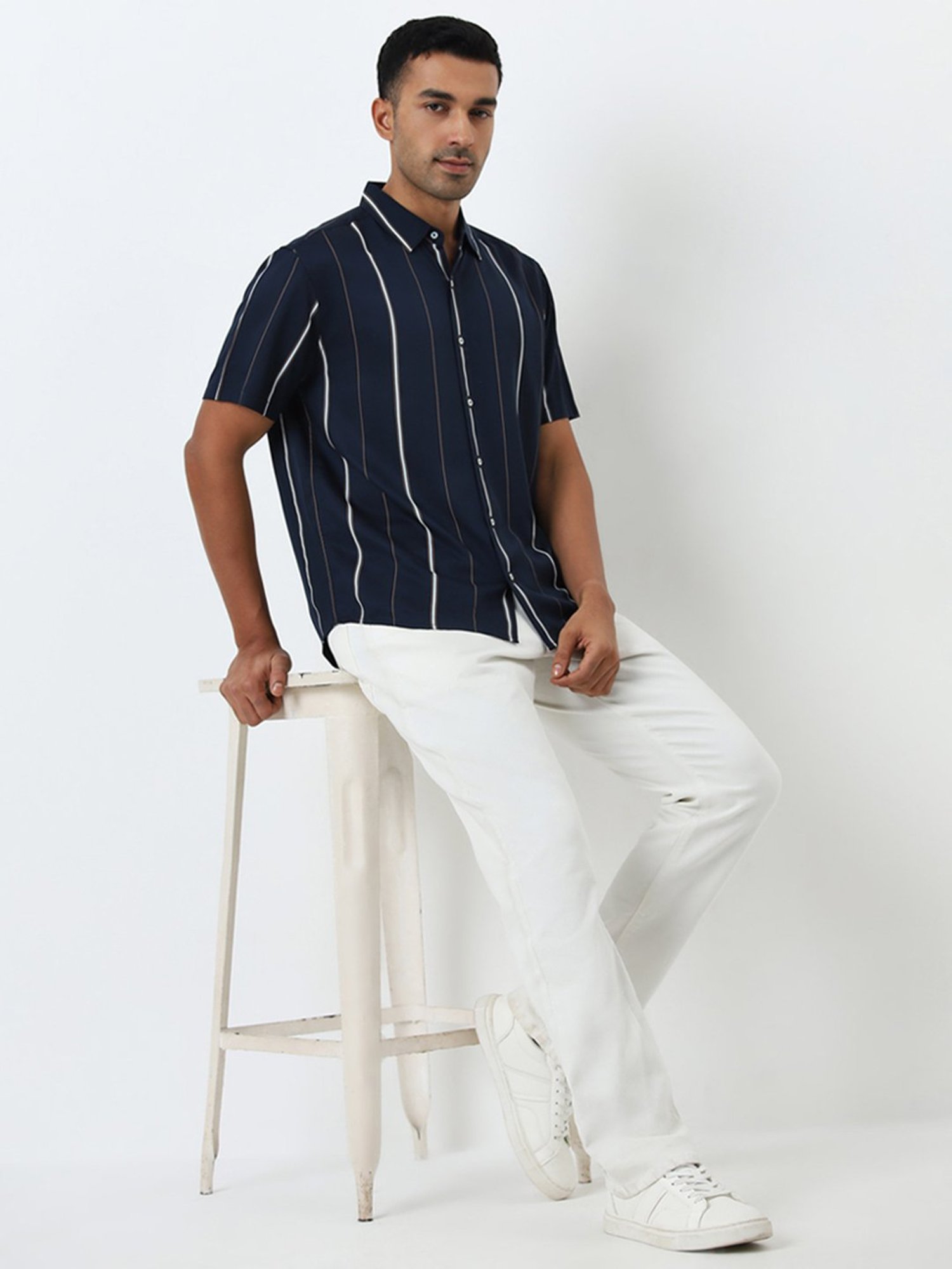 Ascot by Westside Navy Stripe Printed Relaxed-Fit Shirt